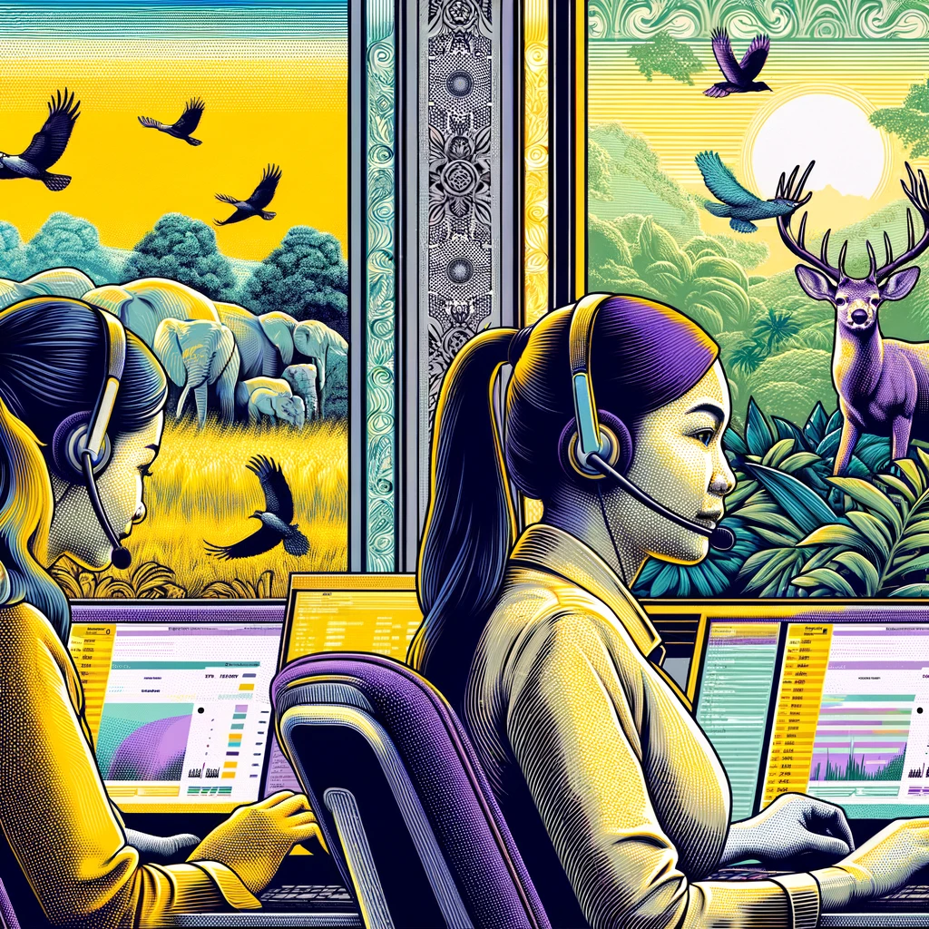 Create two abstract, artistic images with a money-printing and comic book aesthetic, depicting Filipina telemarketers in an office setting, with animals visible outside the window. The images should incorporate the guilloche patterns of currency and the vibrant, bold linework of comic books. Utilize the brand's color palette, with bright yellow (#cfff2b), medium yellow (#e8ff44), soft yellow (#ffff5e), pale yellow (#ffff77), the grays (#4c5041, #8f947c, #e2e3e0, #ffffff), and purples (#d87fd8, #fea5fe, #ffb2ff, #ffcbff). The office should be lively, with each Filipina professional engaged in their work, wearing CrystalSound headphones. The outside view should show a serene setting with a variety of animals, such as birds or a deer, adding a peaceful contrast to the busy office environment.