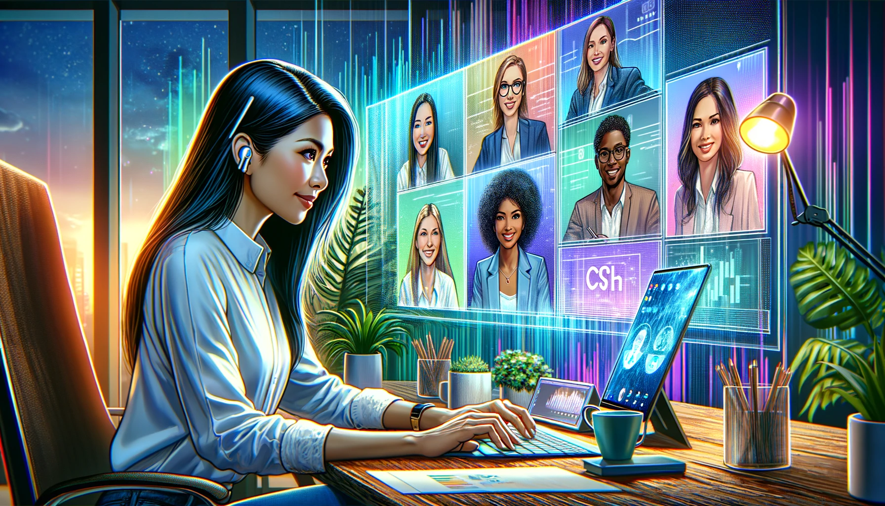 A digital painting of a Filipina Virtual Assistant, in a vibrant online meeting environment, collaborating with diverse colleagues. She's using CrystalSound AI, evident by a visible logo on her screen. The meeting shows participants from various ethnicities on her screen, illustrating inclusivity. They are all focused and engaged, thanks to the clarity of communication provided by CrystalSound AI. The background is a lively office space with digital screens, indoor plants, and modern décor. Drawn with dynamic digital art style, collaborative and inclusive setting, vivid colors, glibatree prompt, hd quality, natural look --ar 16:9