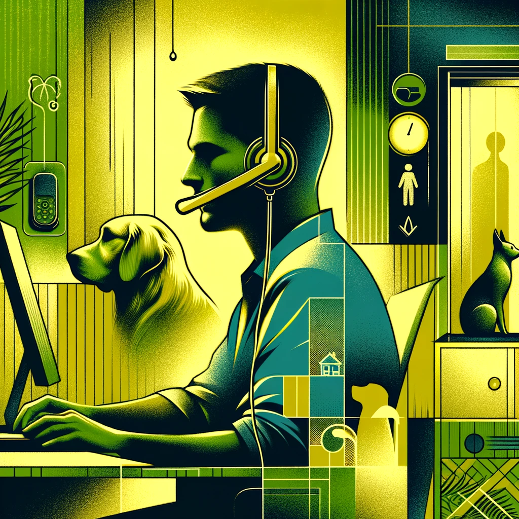 A creative depiction of a remote worker using a headset, within a color scheme that includes highlighter yellow and a trace of green. The image should subtly incorporate elements of a professional home office environment with subtle visual cues of potential noise distractions, like a pet, a doorbell, or street traffic, all needing noise cancellation. The remote worker should appear focused and undisturbed, illustrating the effectiveness of advanced noise suppression technology in maintaining professionalism during remote communication. No text or numerals should be present in the artwork.