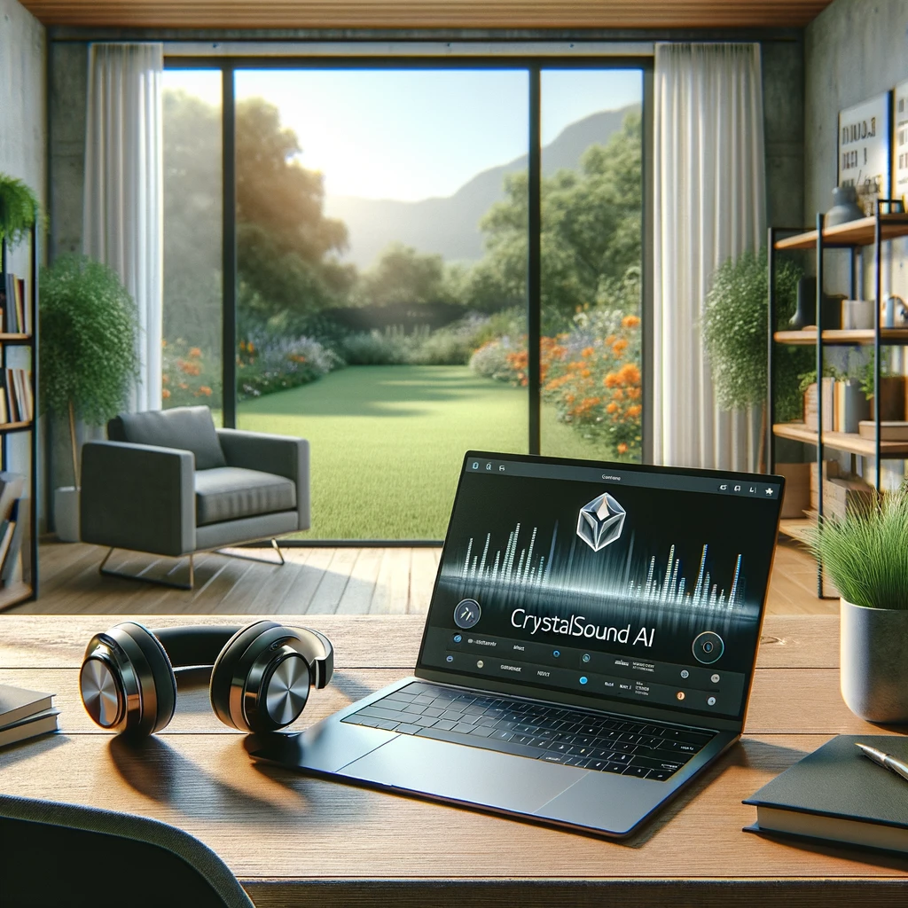 A modern, tranquil home office setup with a large window offering a view of a peaceful garden. On the desk, there's a set of high-quality headphones lying next to a sleek laptop. The computer screen is on, displaying a user-friendly software interface with the CrystalSound AI logo prominently in the center. The room is filled with natural light and is decorated with indoor plants, bookshelves, and motivational posters, creating a serene work environment ideal for focus and productivity, emphasizing the importance of a clean and quiet workspace.