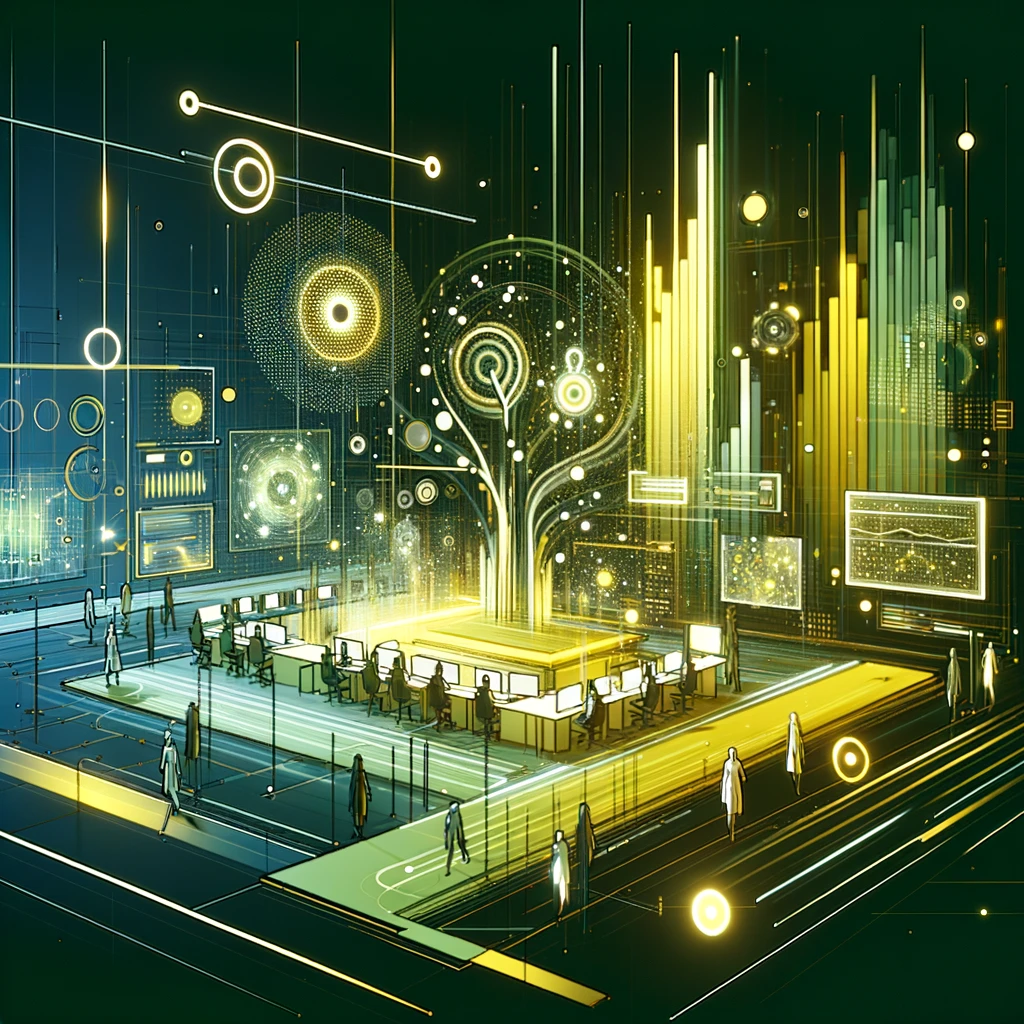 An artistic representation of a high-tech research environment, with a color scheme that accentuates highlighter yellow with a slight greenish hue. This image should depict a stylized laboratory setting, where a diverse team of researchers are engaged in developing voice technology. It should feature digital interfaces, abstract data visualizations, and AI elements that symbolize the team's work on neural signal processing and natural language processing. The artwork should be futuristic and sophisticated, without text or numerals, conveying the advanced research undertaken by NamiTech.