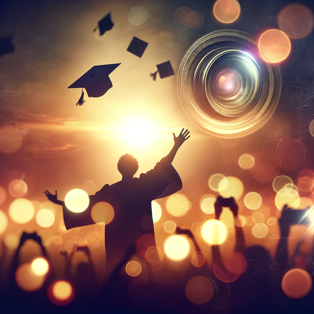 A semi-abstract graduation scene capturing the moment of triumph. Imagine a silhouette of a graduate tossing their cap into the air, seen from a low angle with the sun setting behind. The background is a blend of soft focus lights and bokeh, in warm tones of golds, oranges, and deep purples, symbolizing celebration and the promise of a bright future. Gentle, transparent overlays of camera apertures and flashes are subtly integrated to hint at photography. This image evokes feelings of joy, nostalgia, and the beginning of a new chapter.