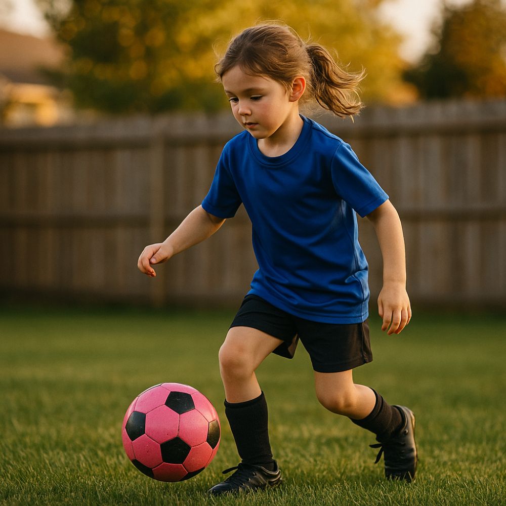 Girl practices with a pink soccer ball in her backyard with blue shirt and ponytail.