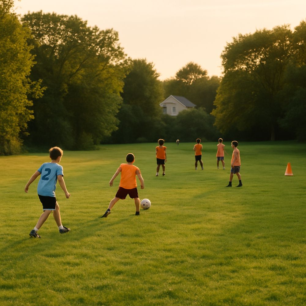 Children playing soccer in field BPL